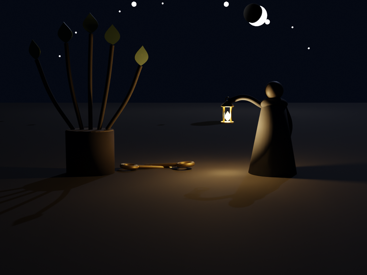 3D render, night scene — a coppice stool with five regrowing stems, a faceless cloaked figure raising a lantern with a leaf-shaped flame, two brass keys crossed on the ground, five stars and a crescent moon.