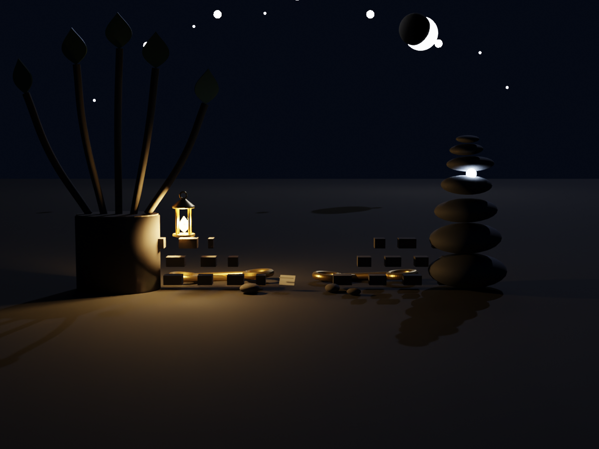 3D render, night scene — a coppice stool with five regrowing stems on the left, a stacked-stone cairn with cool light leaking between its stones on the right, an unfinished dry-stone wall built from both ends with a white envelope resting in the middle gap, two pairs of crossed brass keys, five stars and a crescent moon.