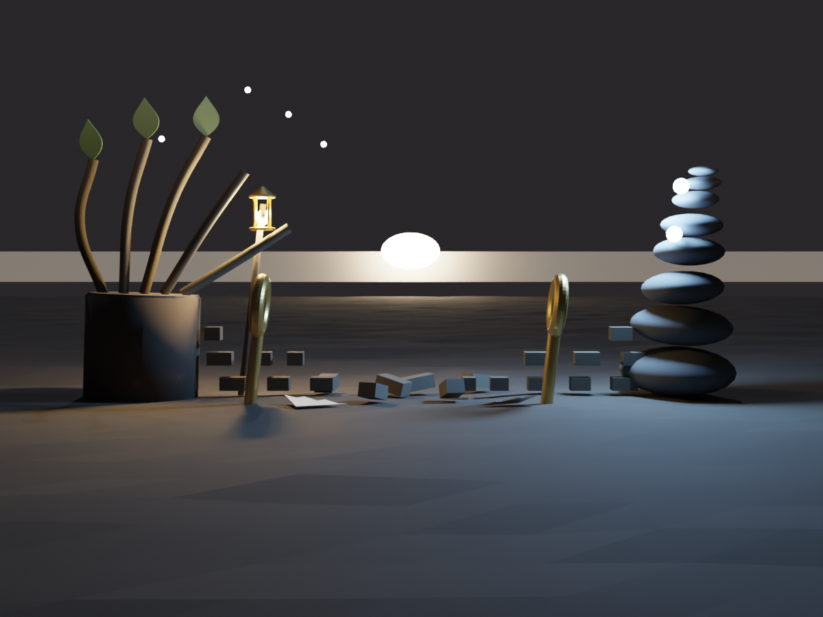 3D render, bleak dusk — a coppice stool with five stems (two bare) on the left facing a tall leaning stone cairn with cold blue light in its seams on the right, a ruined dry-stone wall breached in the middle between them, two brass keys driven upright into the ground like stakes, a torn envelope half on each side, a raised lantern on a leaning pole, a low veiled sun on the horizon.